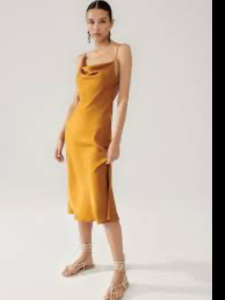 Silky Cowl Midi Dress In Mustard